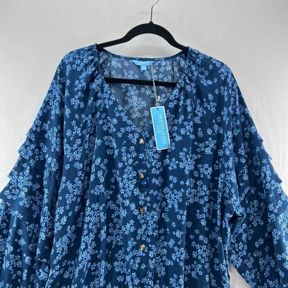 Draper James RSVP Ruffled Long Sleeve Bodysuit Size 2X Button Front Floral Blue - Picture 3 of 12